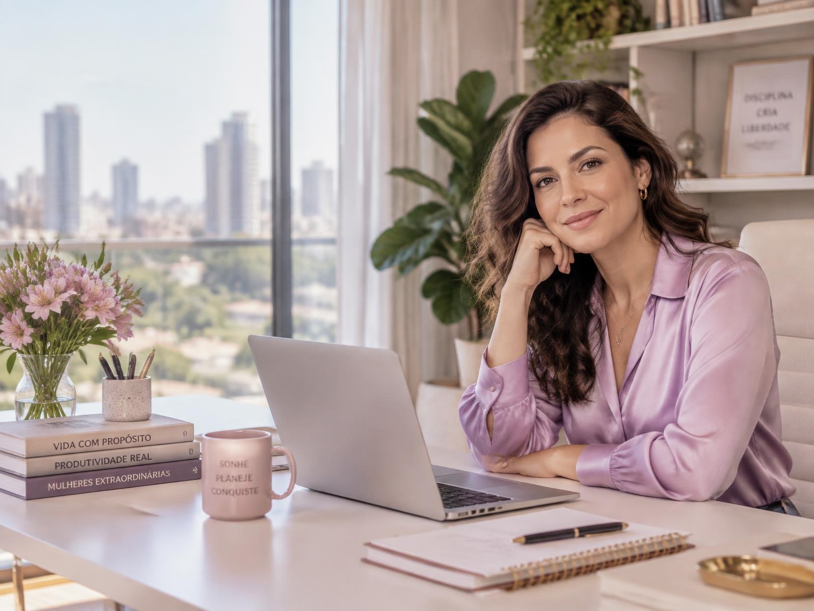 Mulher elegante em sua mesa de trabalho, com notebook, livros e caderno